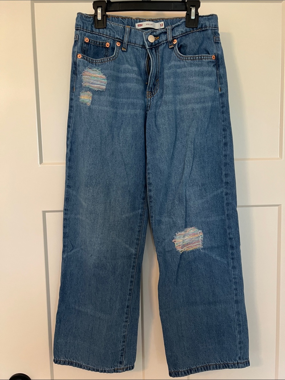 Wide Leg Blue Denim Jeans with Rainbow Patch Distressing